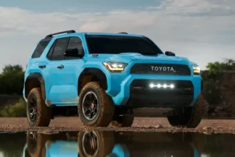 Blue Toyota SUV parked near a reflective surface.