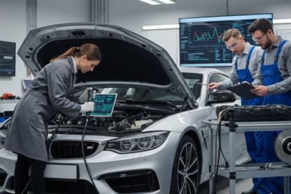 Mechanics diagnosing a car in an auto shop.
