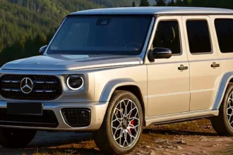 Mercedes G-Class in champagne paint, front three-quarter view of the production model