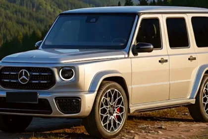 Mercedes G-Class in champagne paint, front three-quarter view of the production model