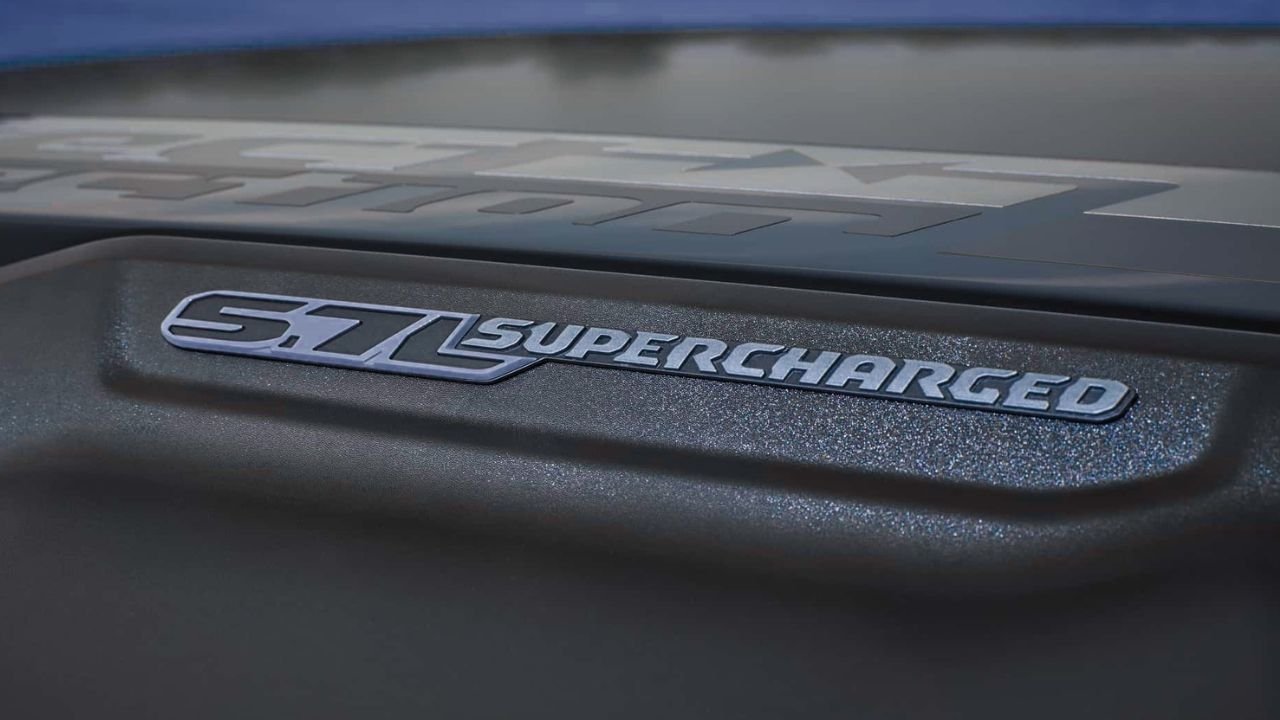 Close-up of the supercharged badge on the 2027 Ram Rumble Bee supercharger housing
